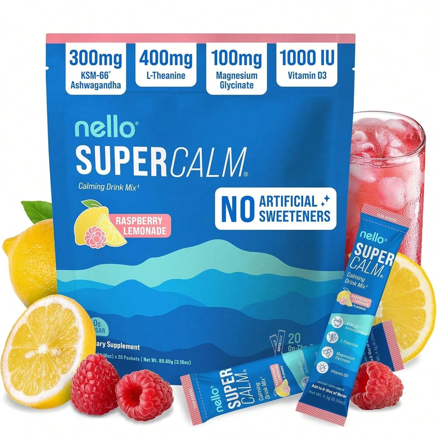Nello Supercalm Powdered Drink Mix – Cortisol Reducer & Sleep Aid | L-Theanine, KSM-66 Ashwagandha, Magnesium Glycinate & Vitamin D3 | Zero Sugar, Non-GMO | Tropical Tangerine – 20 Stick Packs