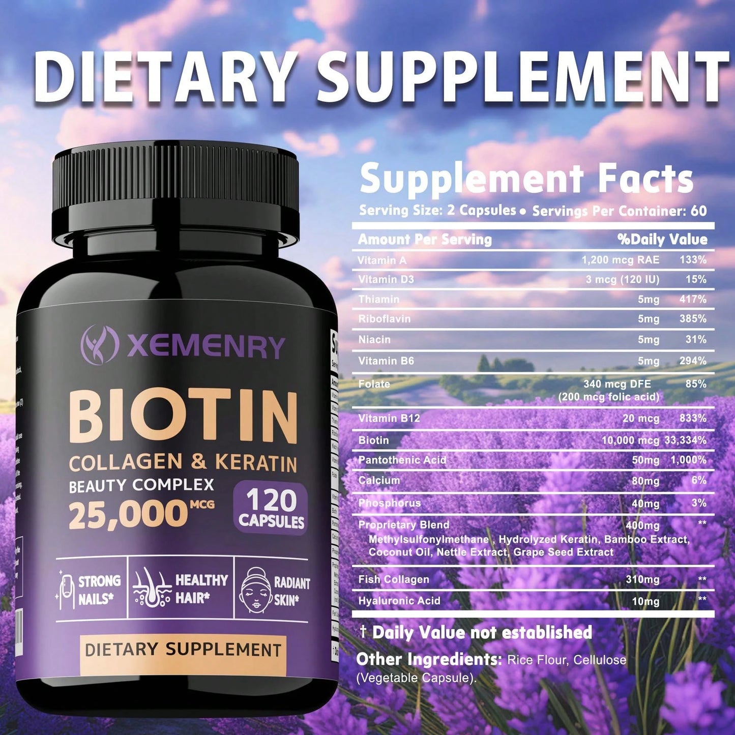 Biotin Collagen & Keratin 25,000mcg with Vitamins B2, B3, B6 – Hair Growth Support Supplement for Thicker Hair, Stronger Nails & Glowing Skin | Non-GMO, USA Made | 60 Capsules