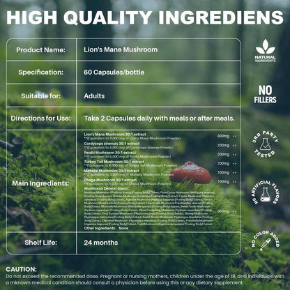 Lion's Mane Brain Health Capsules - back label supplement facts