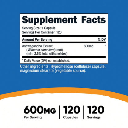 Nutricost Ashwagandha 600mg Capsules – Stress Relief & Cortisol Support | Adaptogen Herbal Supplement for Sleep, Energy & Mood | Non-GMO, Gluten-Free, Vegetarian | 120 Capsules (4-Month Supply)