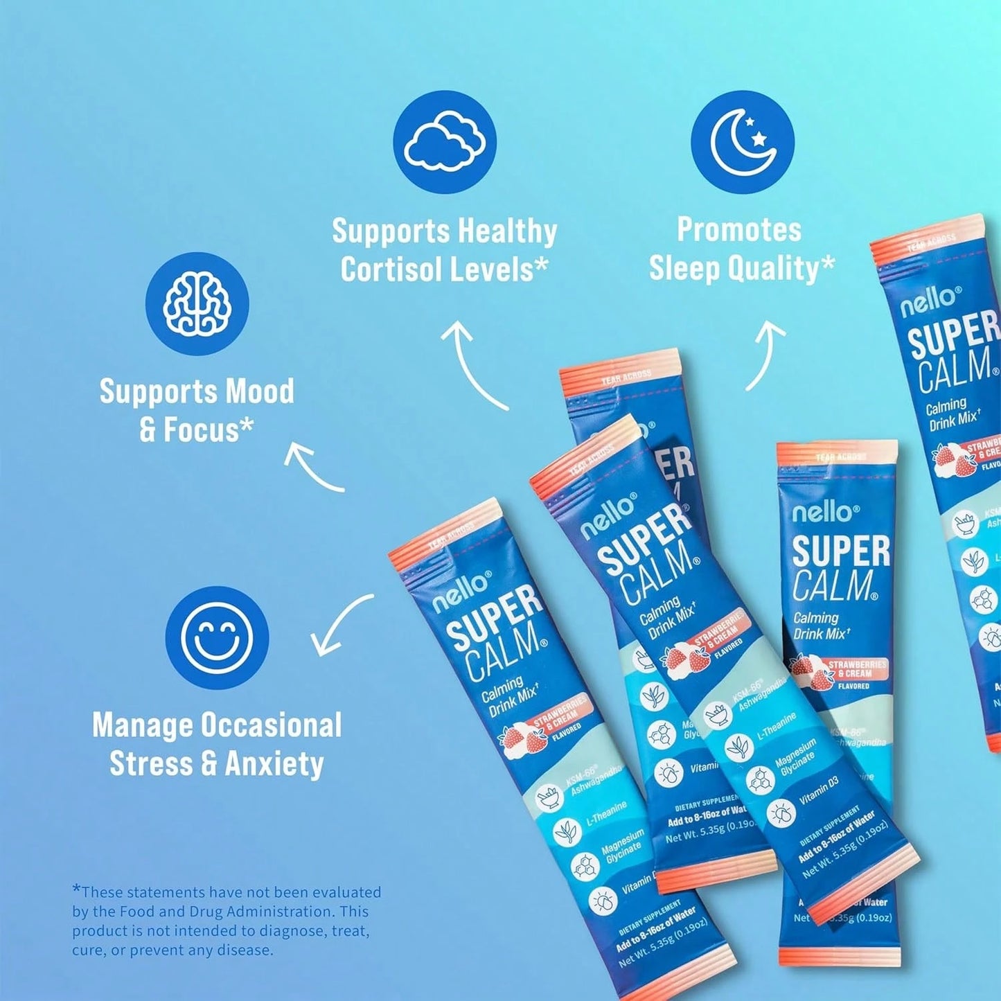 Nello Supercalm Powdered Drink Mix – Cortisol Reducer & Sleep Aid | L-Theanine, KSM-66 Ashwagandha, Magnesium Glycinate & Vitamin D3 | Zero Sugar, Non-GMO | Tropical Tangerine – 20 Stick Packs