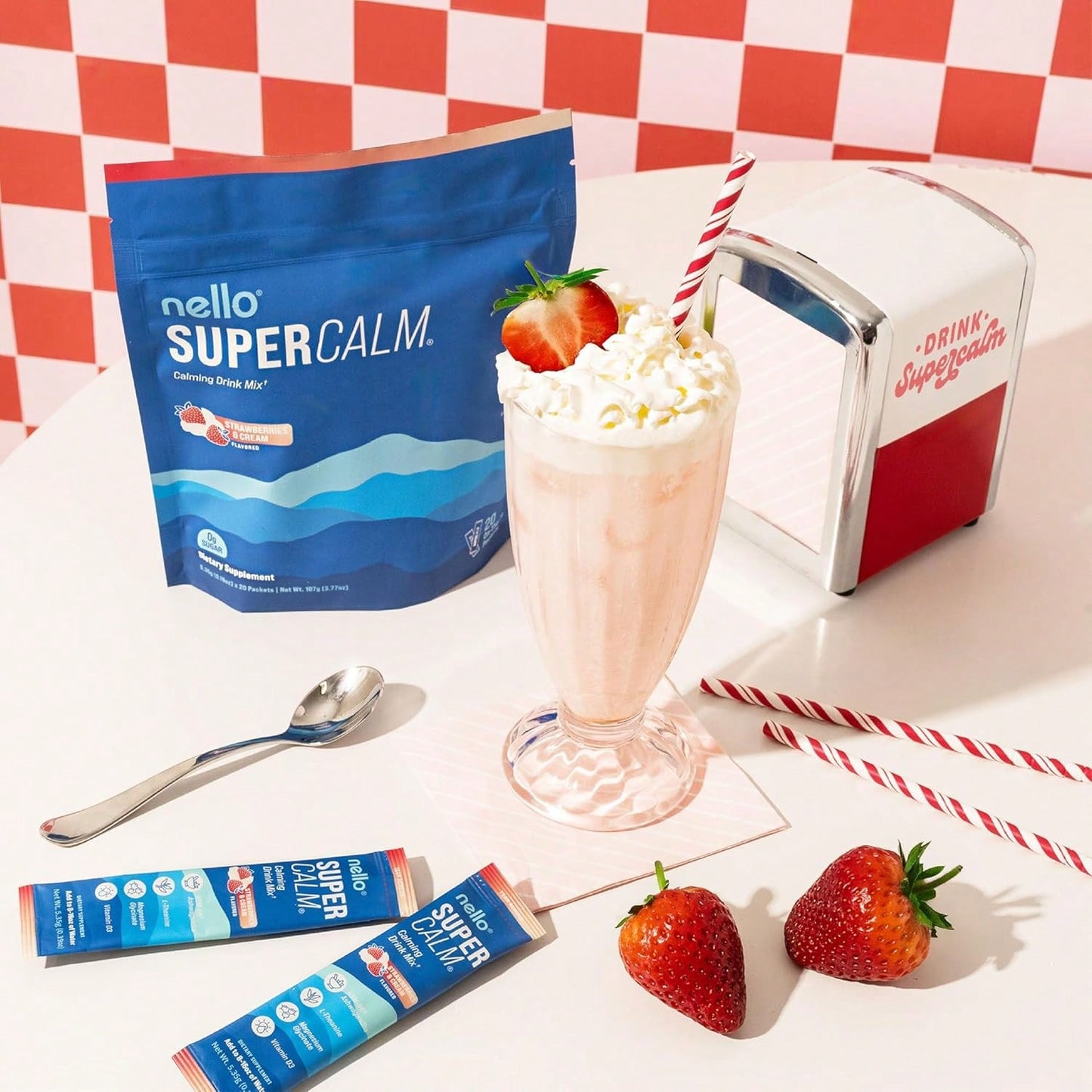Nello Supercalm Powdered Drink Mix – Cortisol Reducer & Sleep Aid | L-Theanine, KSM-66 Ashwagandha, Magnesium Glycinate & Vitamin D3 | Zero Sugar, Non-GMO | Tropical Tangerine – 20 Stick Packs