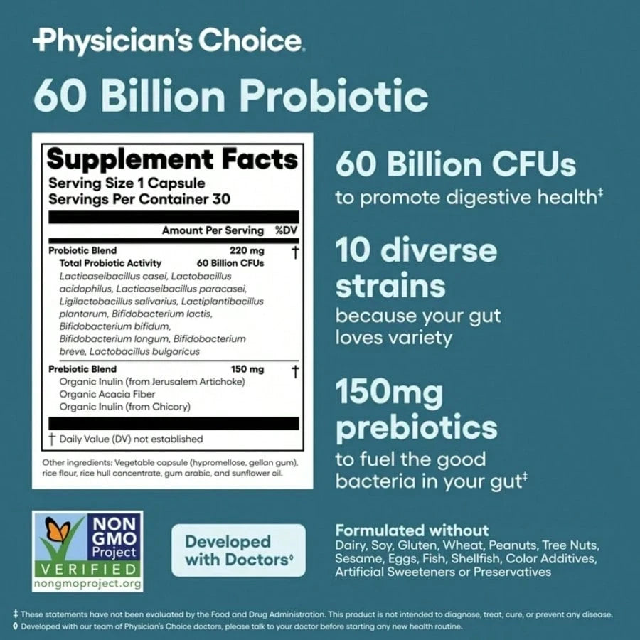 Physician's Choice 60 Billion Probiotic – Digestive, Gut & Immune Health for Women & Men | 10 Strains + Organic Prebiotics | Acid-Resistant, Non-Refrigerated – 30 Capsules