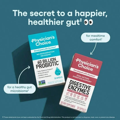 Physician's Choice 60 Billion Probiotic – Digestive, Gut & Immune Health for Women & Men | 10 Strains + Organic Prebiotics | Acid-Resistant, Non-Refrigerated – 30 Capsules