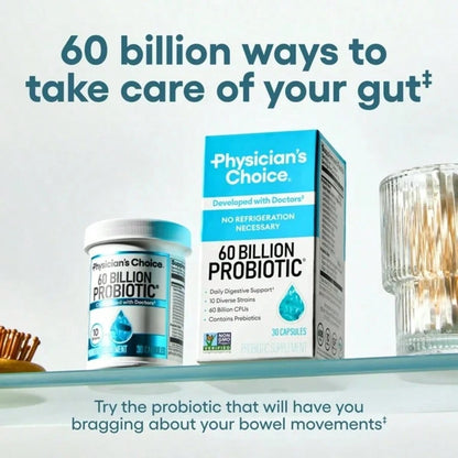 Physician's Choice 60 Billion Probiotic – Digestive, Gut & Immune Health for Women & Men | 10 Strains + Organic Prebiotics | Acid-Resistant, Non-Refrigerated – 30 Capsules