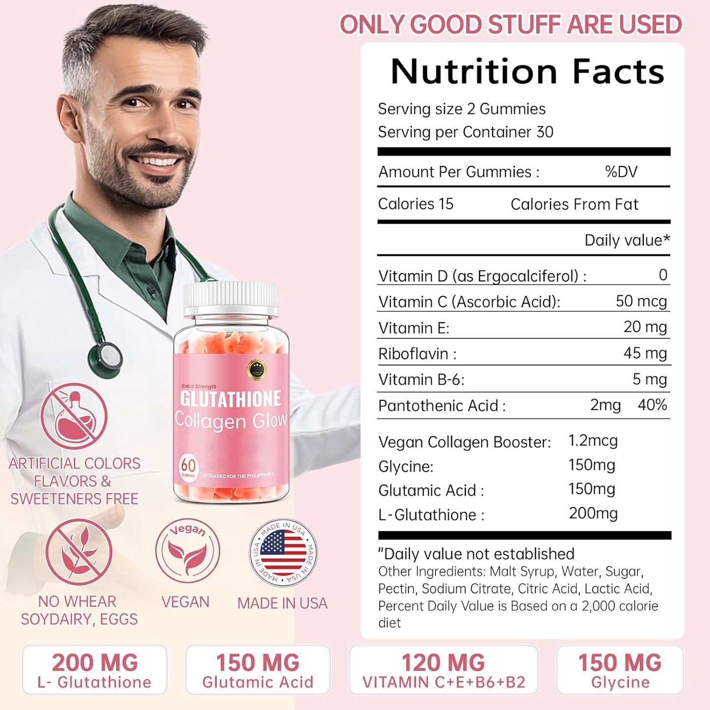 Glutathione Collagen Glow Gummies – Skin Brightening & Anti-Aging Supplement with Vitamin C, E & Glutathione for Women | Cherry Flavor | 60 Count