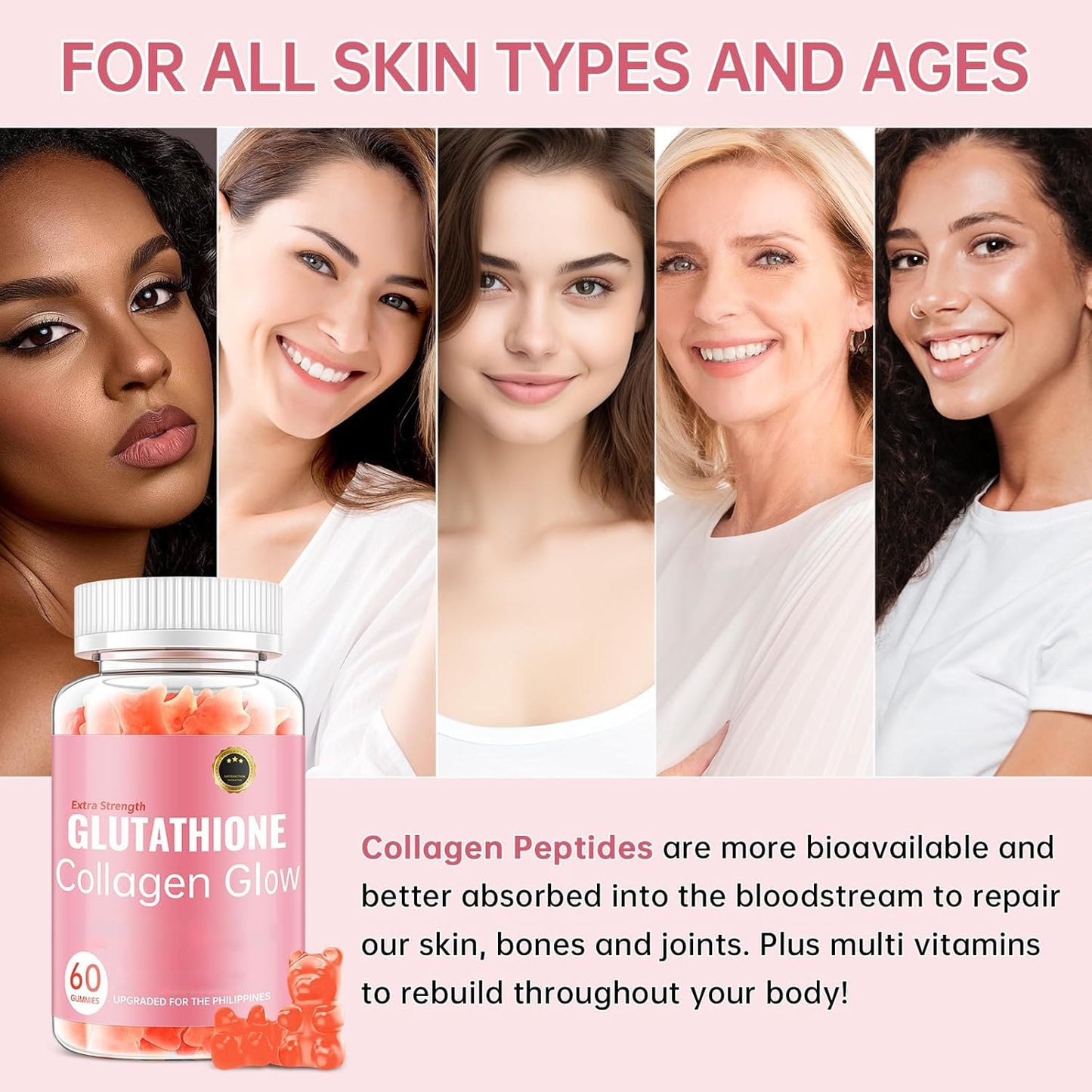 Glutathione Collagen Glow Gummies – Skin Brightening & Anti-Aging Supplement with Vitamin C, E & Glutathione for Women | Cherry Flavor | 60 Count