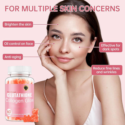 Glutathione Collagen Glow Gummies – Skin Brightening & Anti-Aging Supplement with Vitamin C, E & Glutathione for Women | Cherry Flavor | 60 Count