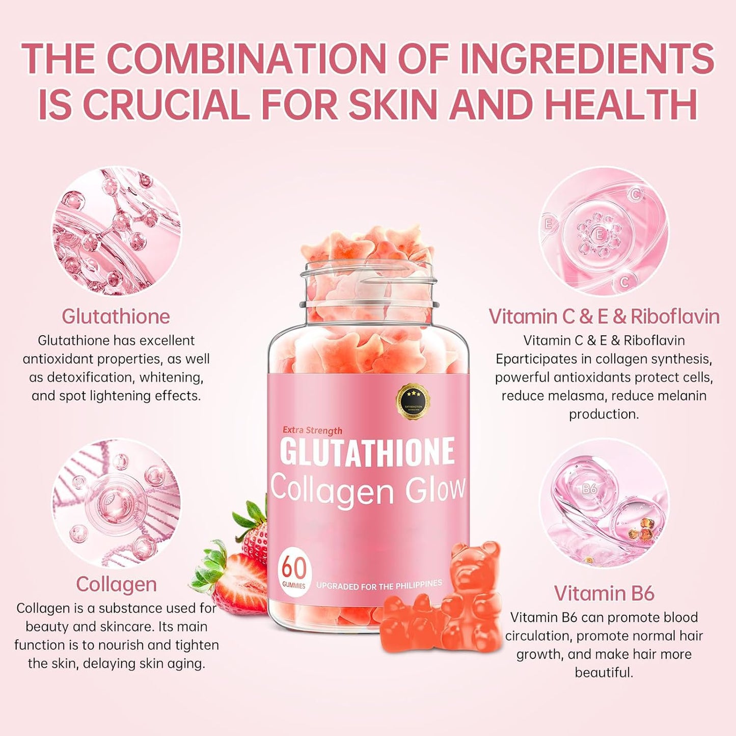 Glutathione Collagen Glow Gummies – Skin Brightening & Anti-Aging Supplement with Vitamin C, E & Glutathione for Women | Cherry Flavor | 60 Count