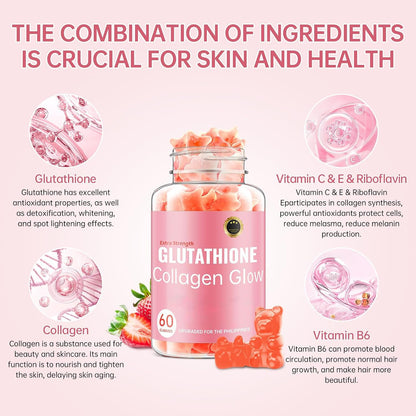 Glutathione Collagen Glow Gummies – Skin Brightening & Anti-Aging Supplement with Vitamin C, E & Glutathione for Women | Cherry Flavor | 60 Count