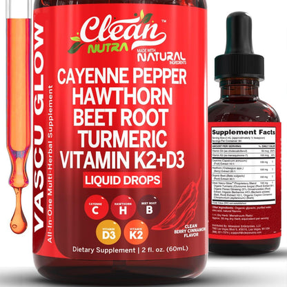 Cayenne Pepper & Hawthorn Berry Liquid Drops with Vitamin D3 K2, Organic Beet Root, Ceylon Cinnamon, Turmeric Curcumin & Panax Ginseng – Heart, Circulation & Nitric Oxide Support
