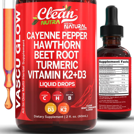 Cayenne Pepper & Hawthorn Berry Liquid Drops with Vitamin D3 K2, Organic Beet Root, Ceylon Cinnamon, Turmeric Curcumin & Panax Ginseng – Heart, Circulation & Nitric Oxide Support