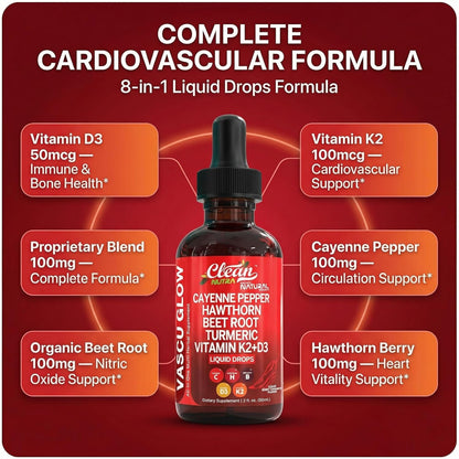 Cayenne Pepper & Hawthorn Berry Liquid Drops with Vitamin D3 K2, Organic Beet Root, Ceylon Cinnamon, Turmeric Curcumin & Panax Ginseng – Heart, Circulation & Nitric Oxide Support