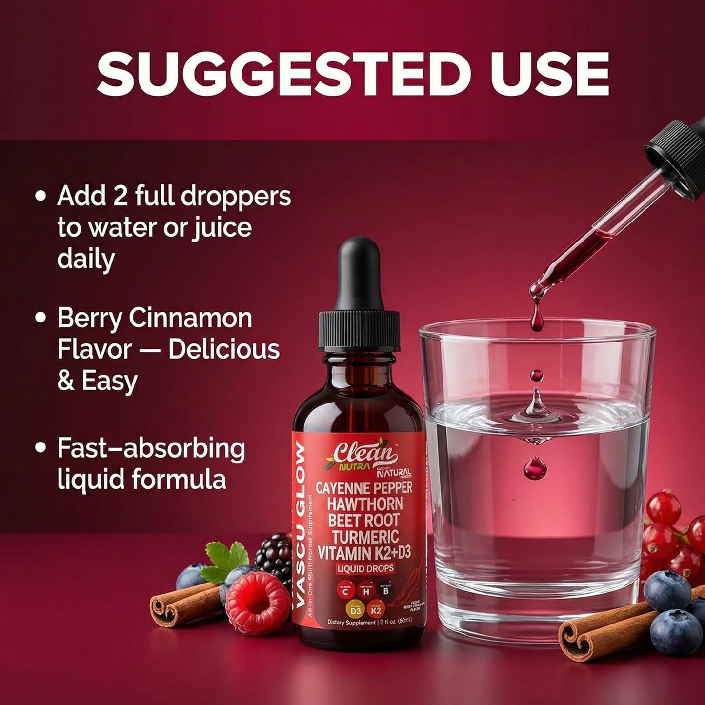 Cayenne Pepper & Hawthorn Berry Liquid Drops with Vitamin D3 K2, Organic Beet Root, Ceylon Cinnamon, Turmeric Curcumin & Panax Ginseng – Heart, Circulation & Nitric Oxide Support
