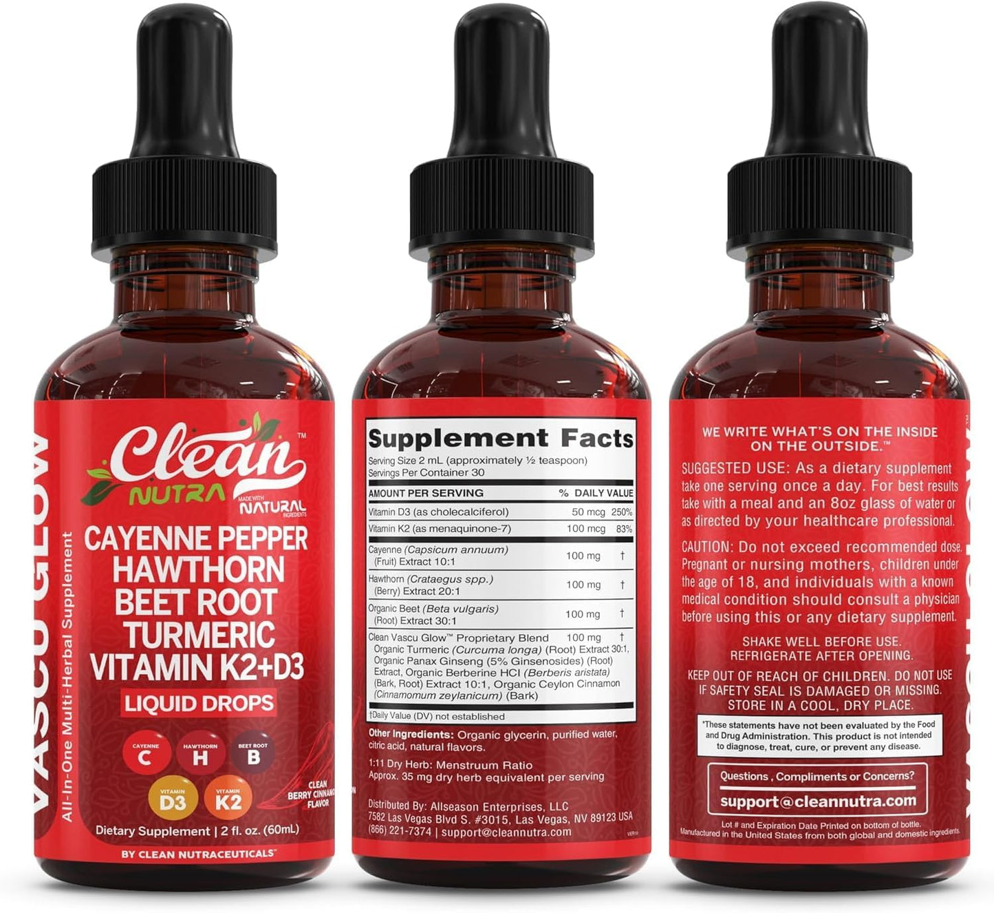 Cayenne Pepper & Hawthorn Berry Liquid Drops with Vitamin D3 K2, Organic Beet Root, Ceylon Cinnamon, Turmeric Curcumin & Panax Ginseng – Heart, Circulation & Nitric Oxide Support