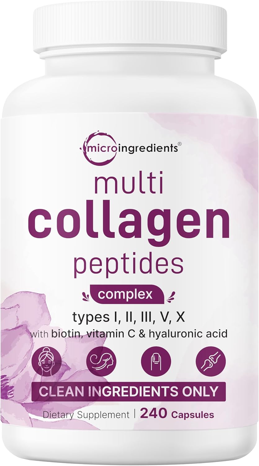 MicroIngredients Multi Collagen Pills – 5 Types Complex (I, II, III, V & X) with Biotin, Hyaluronic Acid & Vitamin C | Keto & Paleo Friendly | Hair, Skin, Nails & Joint Support | 240 Capsules