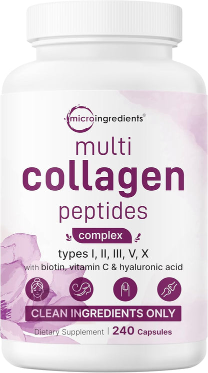 MicroIngredients Multi Collagen Pills – 5 Types Complex (I, II, III, V & X) with Biotin, Hyaluronic Acid & Vitamin C | Keto & Paleo Friendly | Hair, Skin, Nails & Joint Support | 240 Capsules