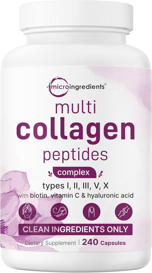 MicroIngredients Multi Collagen Pills – 5 Types Complex (I, II, III, V & X) with Biotin, Hyaluronic Acid & Vitamin C | Keto & Paleo Friendly | Hair, Skin, Nails & Joint Support | 240 Capsules