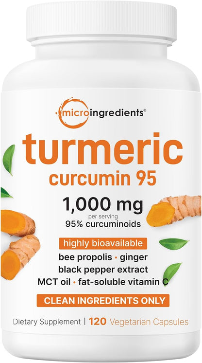 Micro Ingredients Pure Turmeric Curcumin 1,000mg – 95% Curcuminoids with Black Pepper & Ginger – High Absorption for Joint & Antioxidant Support – Filler Free, 120 Veggie Capsules