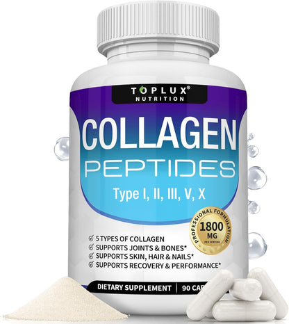 Toplux Nutrition Collagen Peptides 5-Type Complex 1800mg – US Made Beauty & Fitness Supplement for Skin, Hair, Joints & Nails | 90 Capsules
