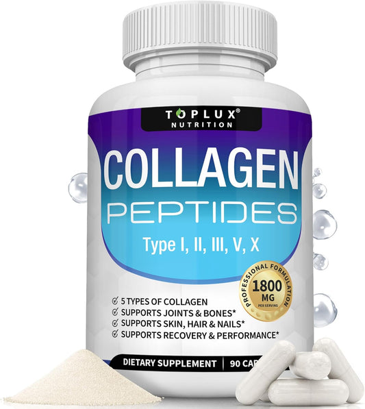 Toplux Nutrition Collagen Peptides 5-Type Complex 1800mg – US Made Beauty & Fitness Supplement for Skin, Hair, Joints & Nails | 90 Capsules