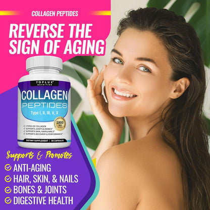 Toplux Nutrition Collagen Peptides 5-Type Complex 1800mg – US Made Beauty & Fitness Supplement for Skin, Hair, Joints & Nails | 90 Capsules