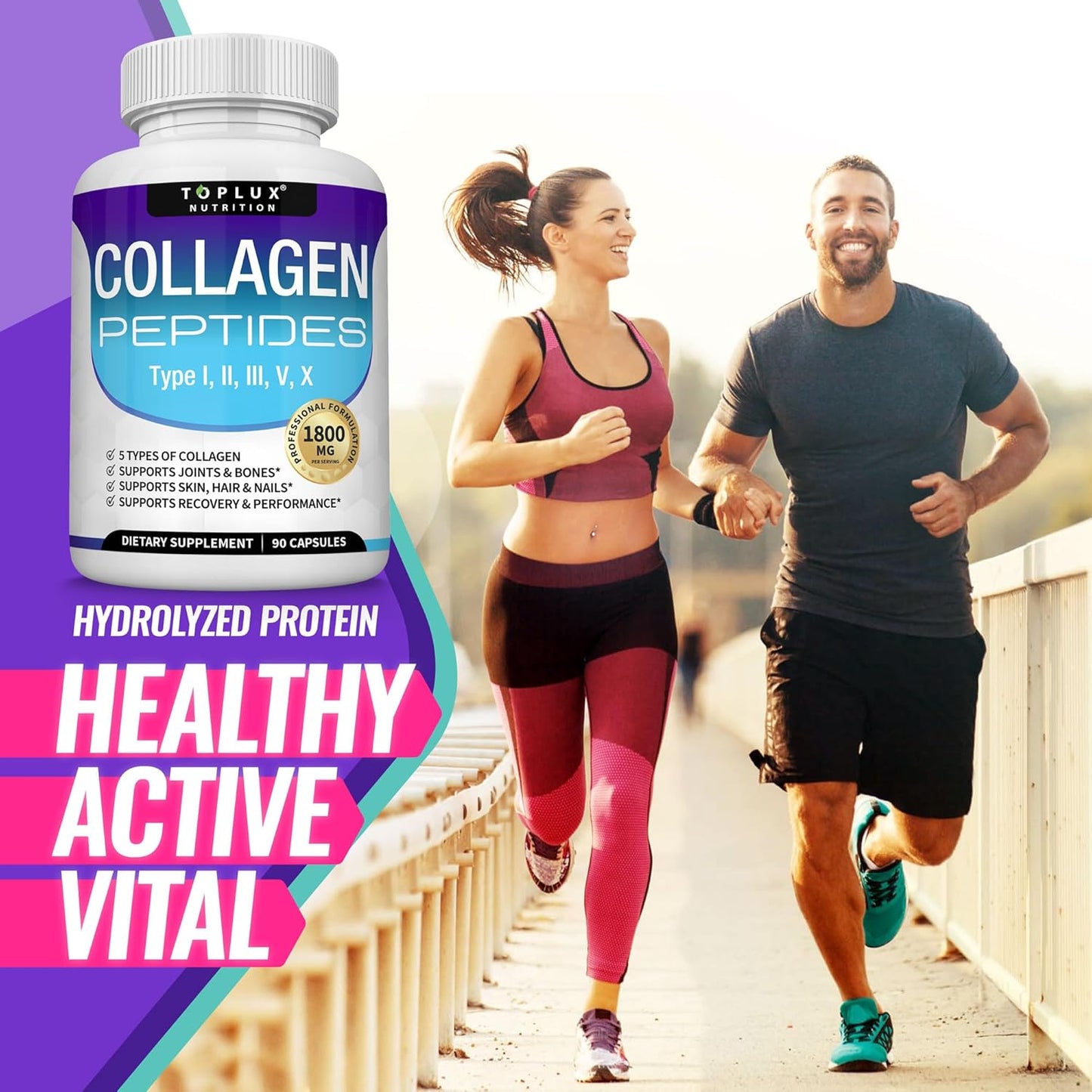 Toplux Nutrition Collagen Peptides 5-Type Complex 1800mg – US Made Beauty & Fitness Supplement for Skin, Hair, Joints & Nails | 90 Capsules