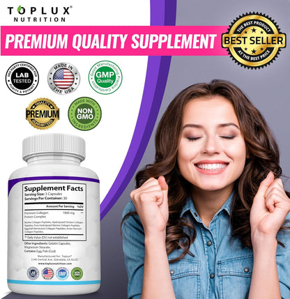 Toplux Nutrition Collagen Peptides 5-Type Complex 1800mg – US Made Beauty & Fitness Supplement for Skin, Hair, Joints & Nails | 90 Capsules