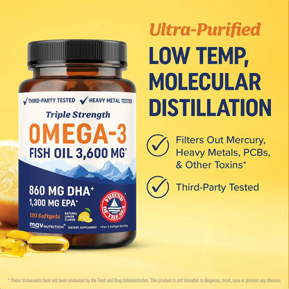 Triple Strength Omega-3 Fish Oil – High-Potency EPA & DHA Softgels for Heart, Brain, Joint & Eye Health | Wild-Caught, Purified, Non-GMO