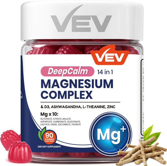 VEV DeepCalm 14-in-1 Magnesium Complex Gummies – Sugar-Free Vegan Magnesium Glycinate with Ashwagandha, L-Theanine, D3 & Zinc | Cortisol, Stress & Sleep Support for Women | 90 Count
