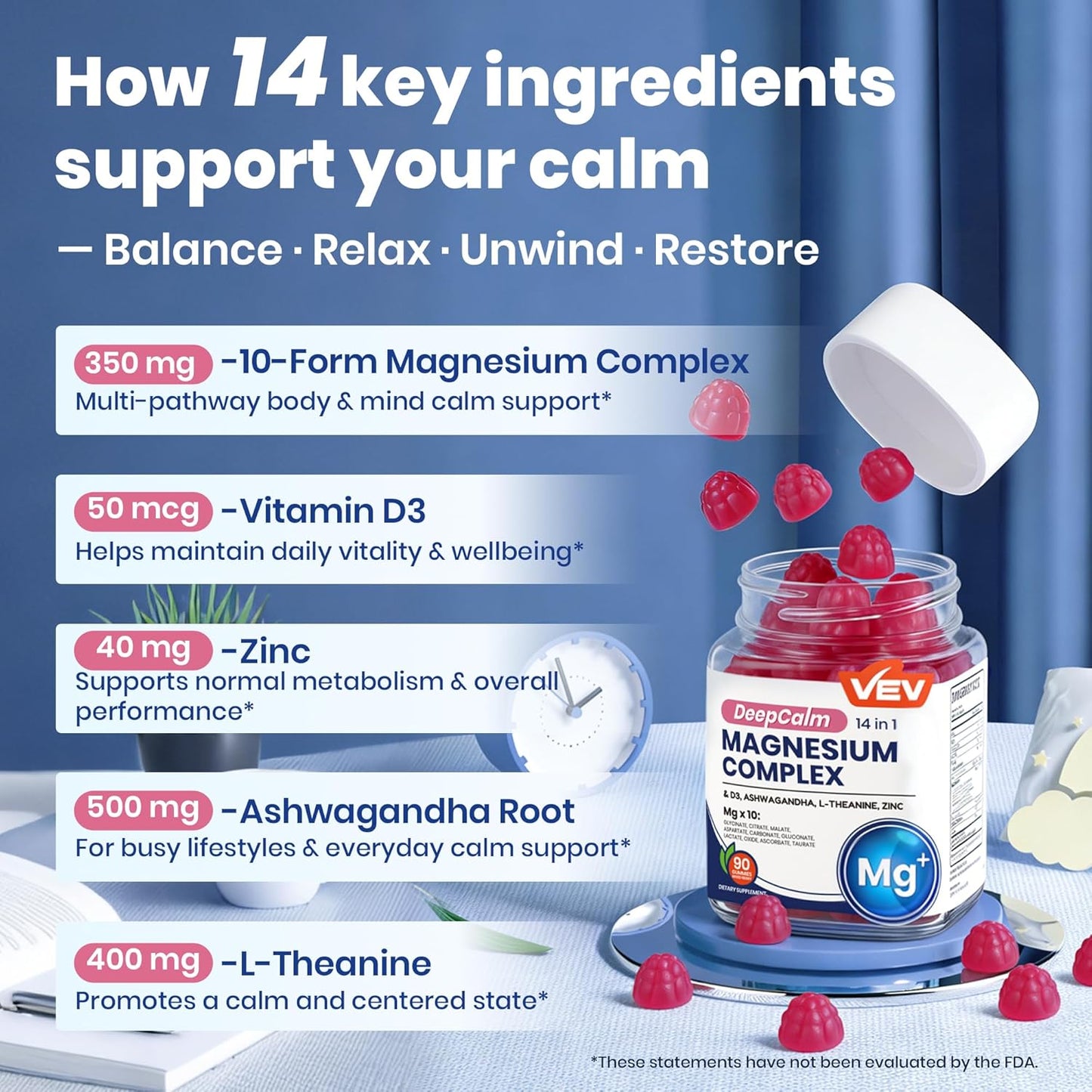 VEV DeepCalm 14-in-1 Magnesium Complex Gummies – Sugar-Free Vegan Magnesium Glycinate with Ashwagandha, L-Theanine, D3 & Zinc | Cortisol, Stress & Sleep Support for Women | 90 Count