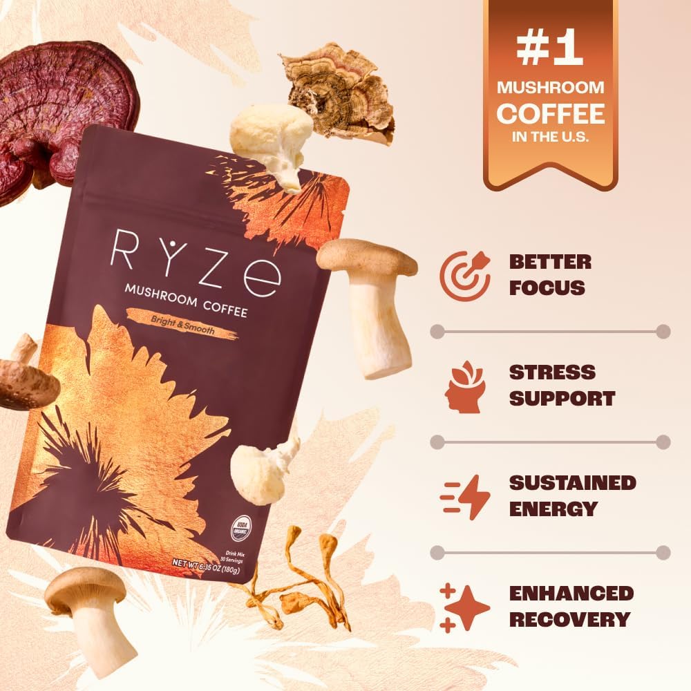 Mushroom Coffee with Lion's Mane & 6 Adaptogens – USDA Organic Instant Coffee for Focus, Smooth Energy, Digestion & Immune Support | Less Acidic, Jitter-Free
