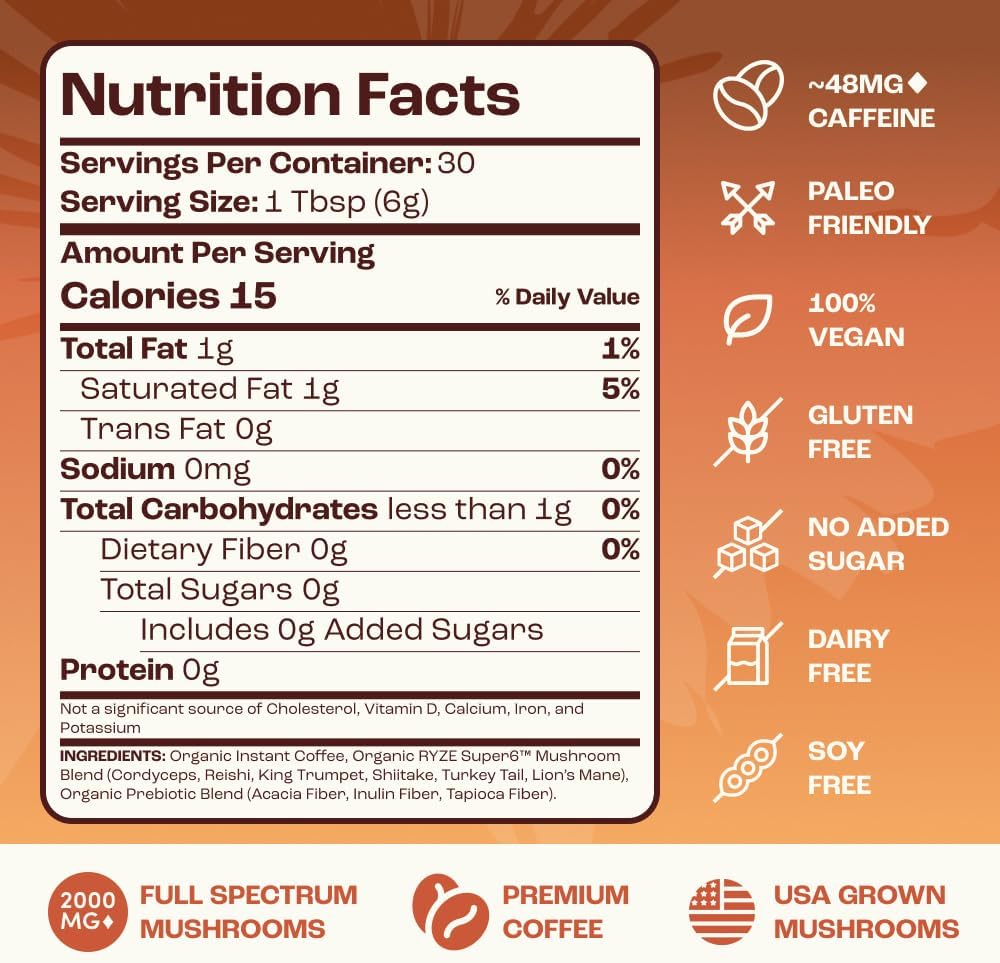 Mushroom Coffee with Lion's Mane & 6 Adaptogens – USDA Organic Instant Coffee for Focus, Smooth Energy, Digestion & Immune Support | Less Acidic, Jitter-Free