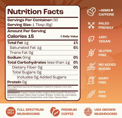 Mushroom Coffee with Lion's Mane & 6 Adaptogens – USDA Organic Instant Coffee for Focus, Smooth Energy, Digestion & Immune Support | Less Acidic, Jitter-Free