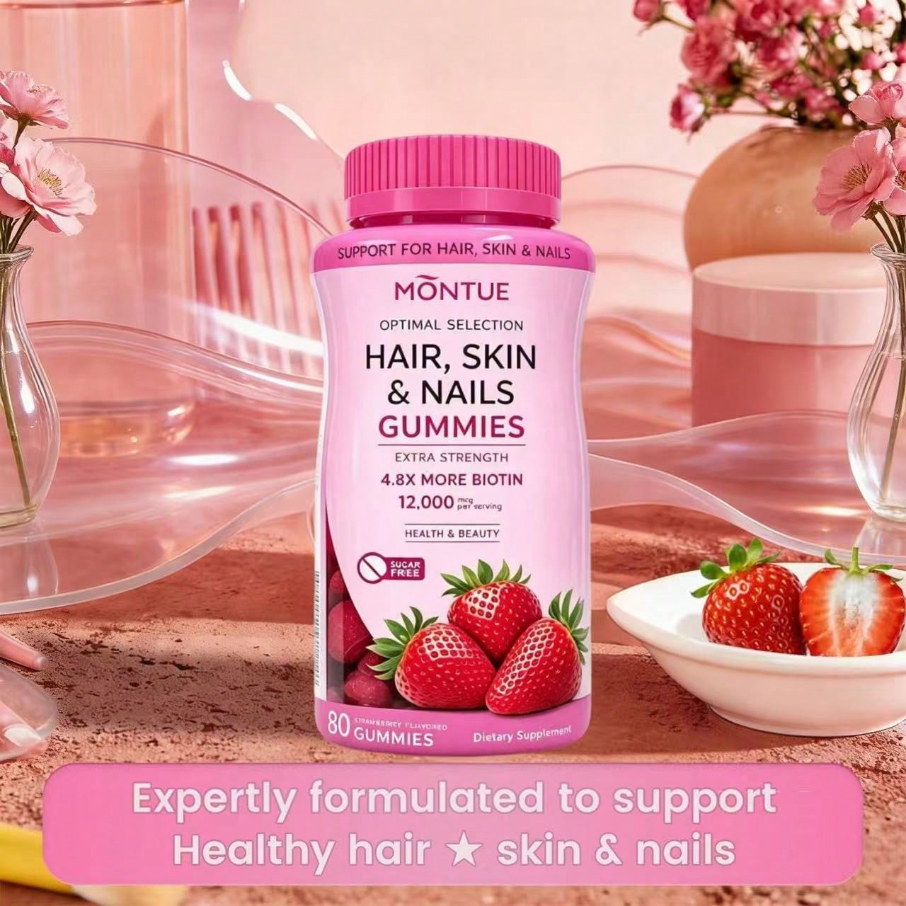 Hair, Skin & Nails Gummies with High-Potency Biotin – Supports Faster Hair Growth, Stronger Nails & Glowing Skin | Vegan, Gelatin-Free | For Women & Men