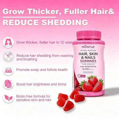 Hair, Skin & Nails Gummies with High-Potency Biotin – Supports Faster Hair Growth, Stronger Nails & Glowing Skin | Vegan, Gelatin-Free | For Women & Men