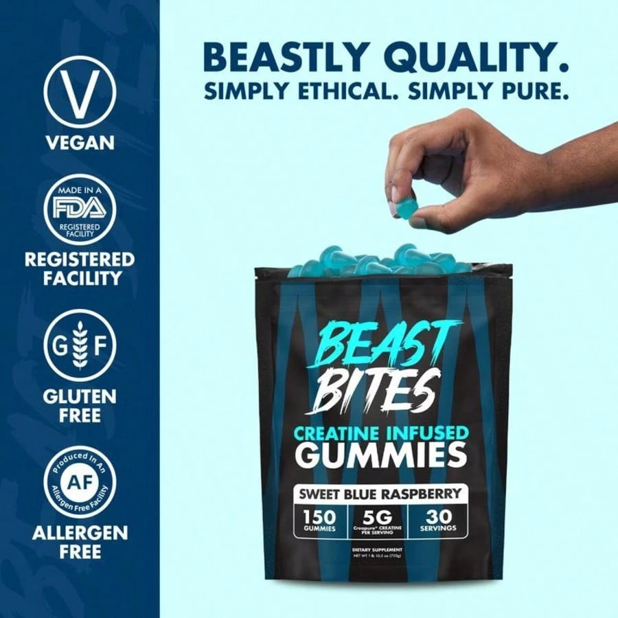 Beast Bites Creatine Infused Gummies – Muscle Strength, Power & Cognitive Support Supplement | Fun Gummy Format, No Mixing Required | Pre & Post Workout Performance Gummies