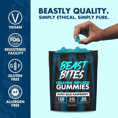 Beast Bites Creatine Infused Gummies – Muscle Strength, Power & Cognitive Support Supplement | Fun Gummy Format, No Mixing Required | Pre & Post Workout Performance Gummies