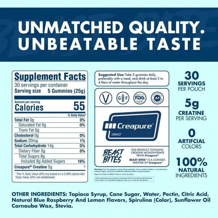 Beast Bites Creatine Infused Gummies – Muscle Strength, Power & Cognitive Support Supplement | Fun Gummy Format, No Mixing Required | Pre & Post Workout Performance Gummies