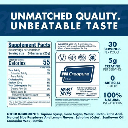 Beast Bites Creatine Infused Gummies – Muscle Strength, Power & Cognitive Support Supplement | Fun Gummy Format, No Mixing Required | Pre & Post Workout Performance Gummies
