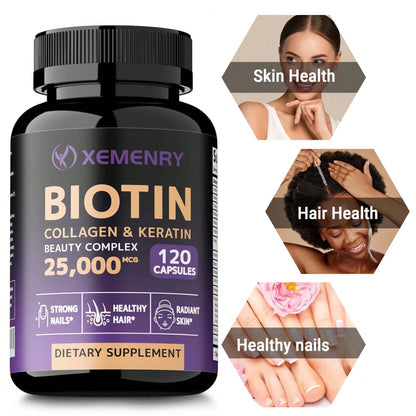 Biotin Collagen & Keratin 25,000mcg with Vitamins B2, B3, B6 – Hair Growth Support Supplement for Thicker Hair, Stronger Nails & Glowing Skin | Non-GMO, USA Made | 60 Capsules