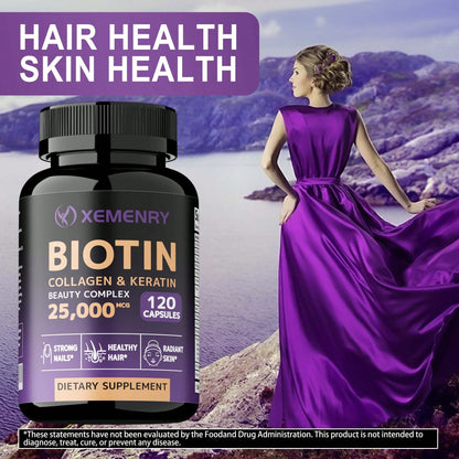 Biotin Collagen & Keratin 25,000mcg with Vitamins B2, B3, B6 – Hair Growth Support Supplement for Thicker Hair, Stronger Nails & Glowing Skin | Non-GMO, USA Made | 60 Capsules