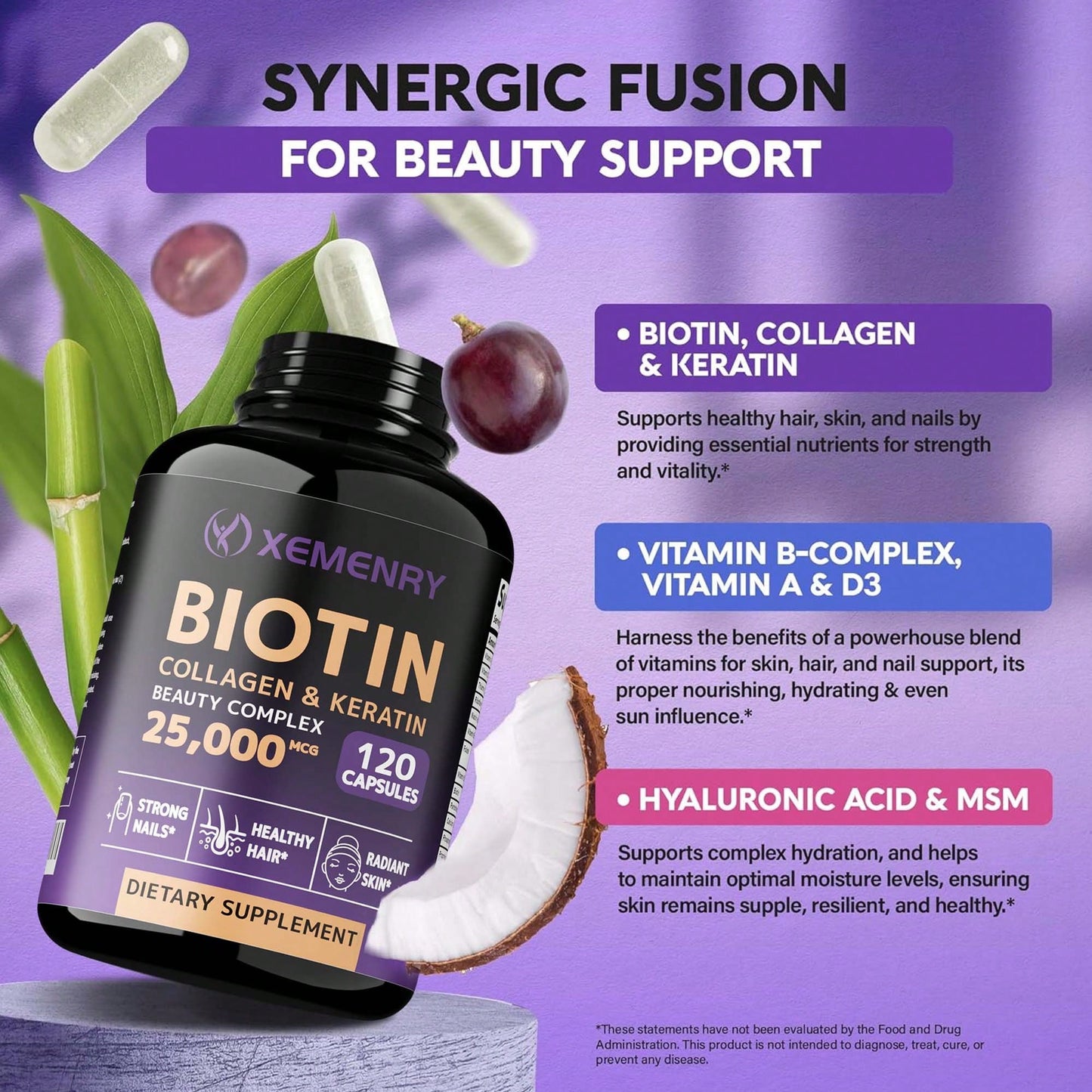 Biotin Collagen & Keratin 25,000mcg with Vitamins B2, B3, B6 – Hair Growth Support Supplement for Thicker Hair, Stronger Nails & Glowing Skin | Non-GMO, USA Made | 60 Capsules