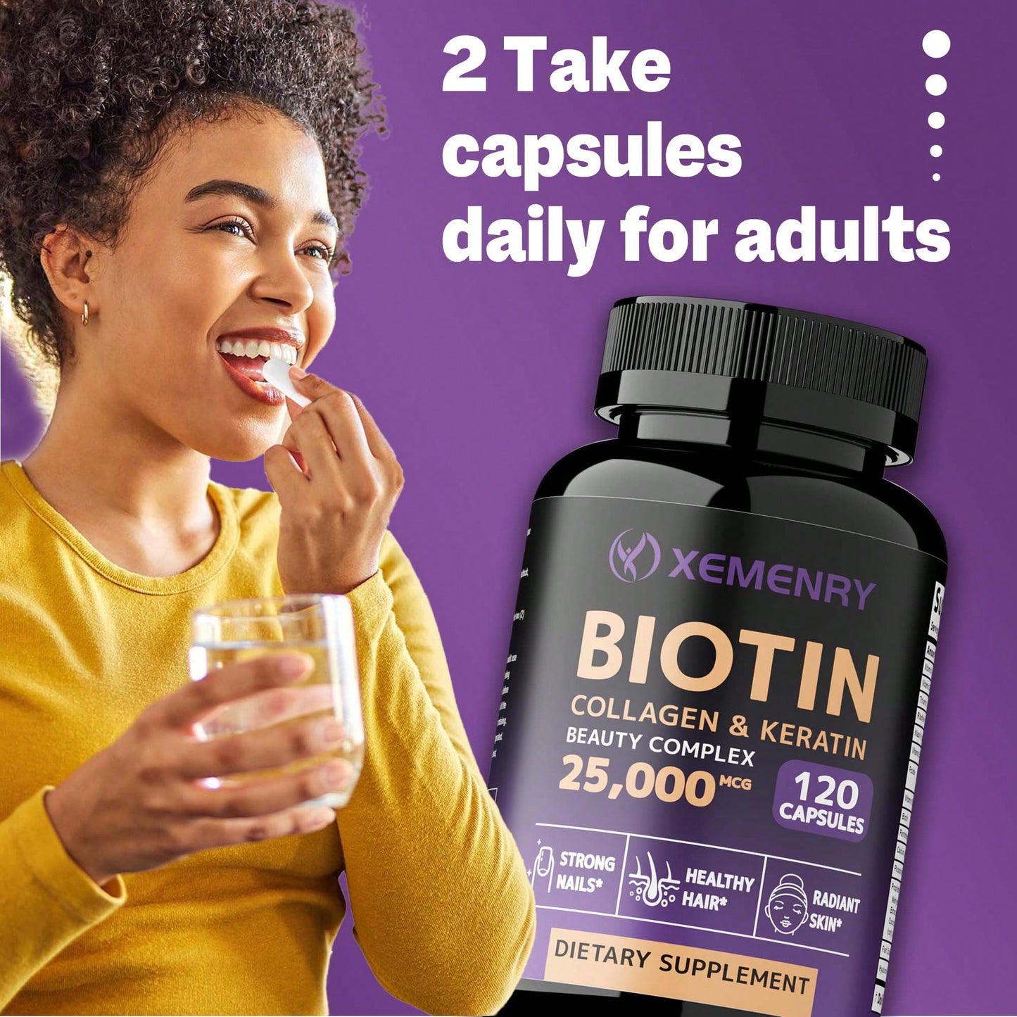 Biotin Collagen & Keratin 25,000mcg with Vitamins B2, B3, B6 – Hair Growth Support Supplement for Thicker Hair, Stronger Nails & Glowing Skin | Non-GMO, USA Made | 60 Capsules