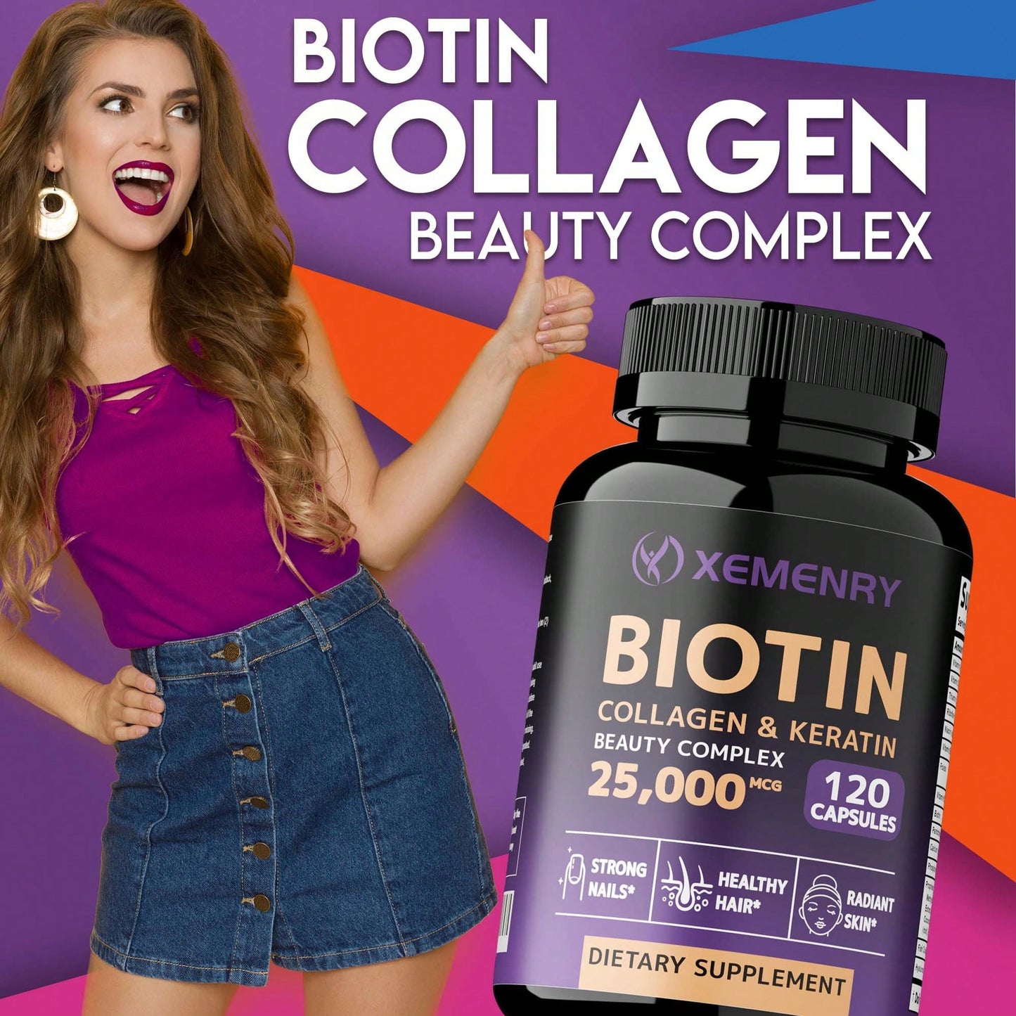 Biotin Collagen & Keratin 25,000mcg with Vitamins B2, B3, B6 – Hair Growth Support Supplement for Thicker Hair, Stronger Nails & Glowing Skin | Non-GMO, USA Made | 60 Capsules