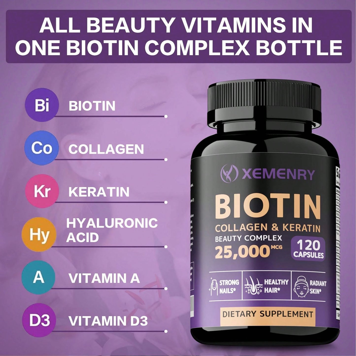 Biotin Collagen & Keratin 25,000mcg with Vitamins B2, B3, B6 – Hair Growth Support Supplement for Thicker Hair, Stronger Nails & Glowing Skin | Non-GMO, USA Made | 60 Capsules