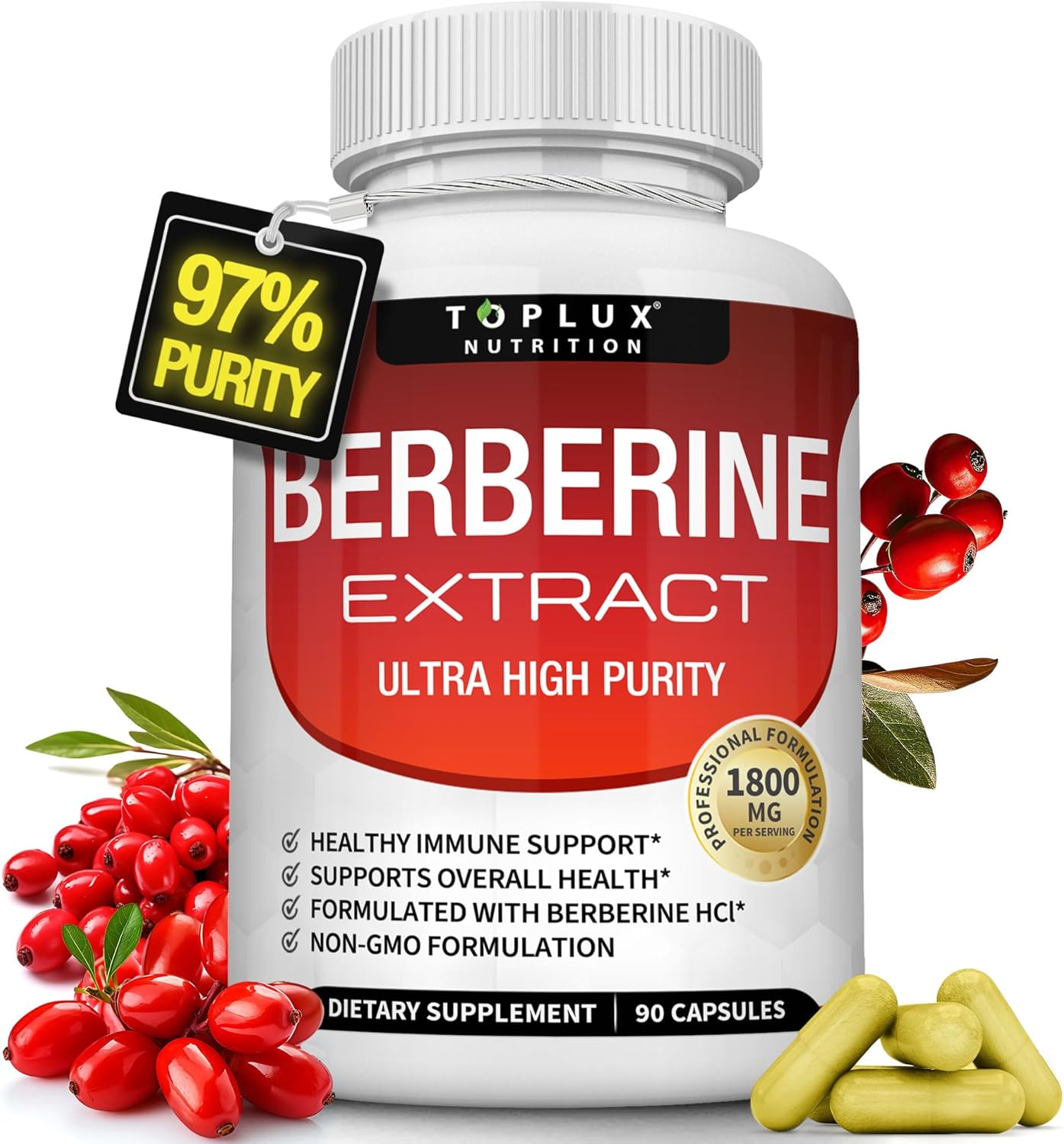 Toplux Berberine Supplement 1800mg - Berberine HCL 97% Tested Ultra High Purity Premium Berberine Extract to Support Overall Health, High Potency Berberine Plus Non-GMO Vegan Men Women, 90 Capsules
