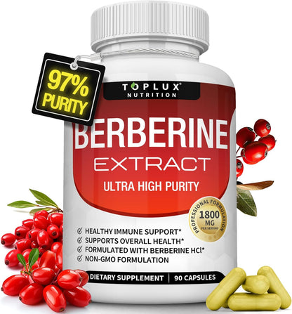Toplux Berberine Supplement 1800mg - Berberine HCL 97% Tested Ultra High Purity Premium Berberine Extract to Support Overall Health, High Potency Berberine Plus Non-GMO Vegan Men Women, 90 Capsules