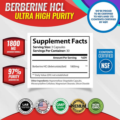 Toplux Berberine Supplement 1800mg - Berberine HCL 97% Tested Ultra High Purity Premium Berberine Extract to Support Overall Health, High Potency Berberine Plus Non-GMO Vegan Men Women, 90 Capsules