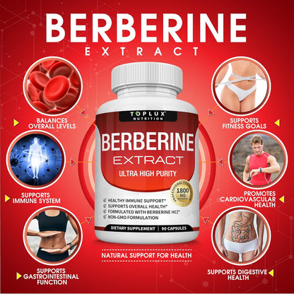 Toplux Berberine Supplement 1800mg - Berberine HCL 97% Tested Ultra High Purity Premium Berberine Extract to Support Overall Health, High Potency Berberine Plus Non-GMO Vegan Men Women, 90 Capsules